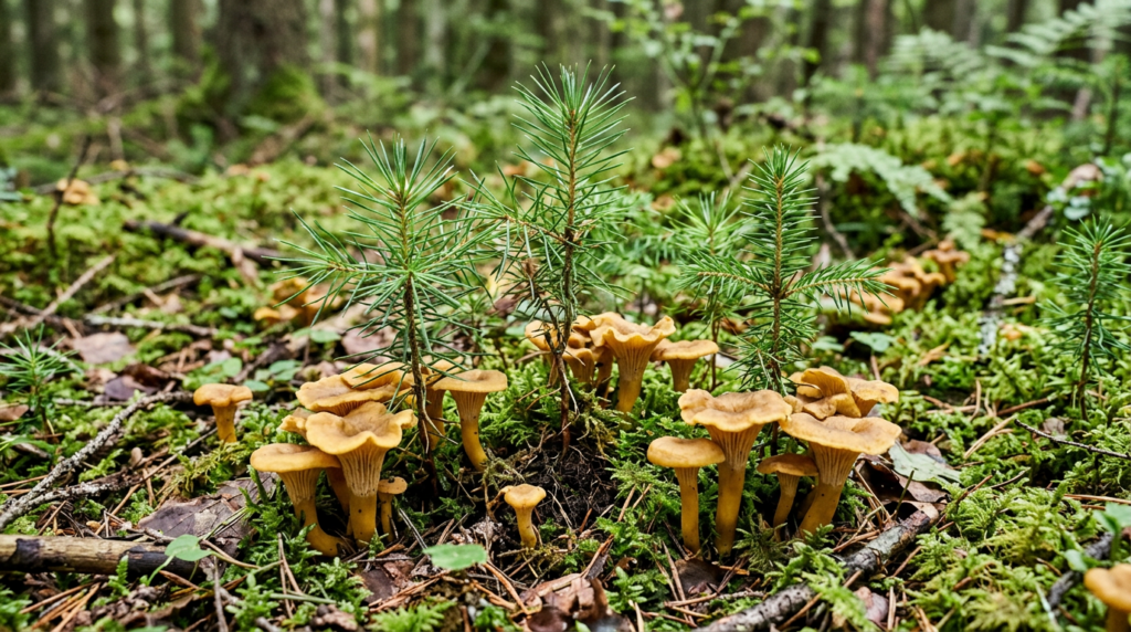 Yellow mushrooms clustered around young pine saplings on mossy forest ground