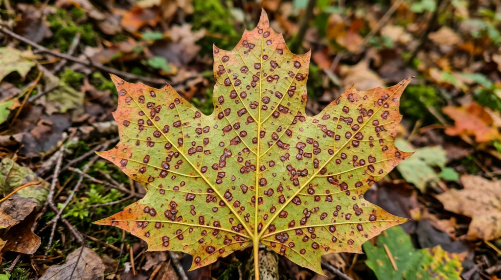 Maple leaf with brown fungal spots on green and orange surface