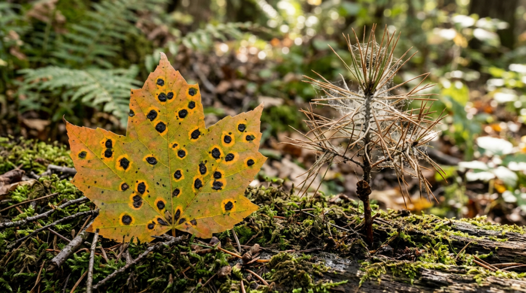 Autumn maple leaf with black spots beside pine twig with spider webs on mossy ground