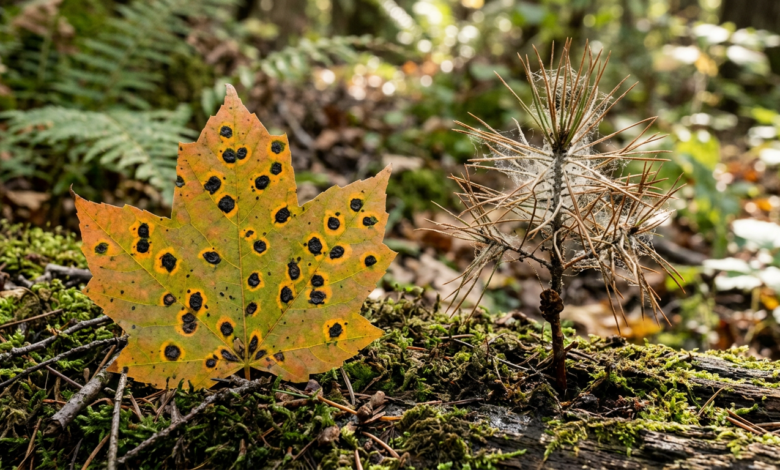 Autumn maple leaf with black spots beside pine twig with spider webs on mossy ground